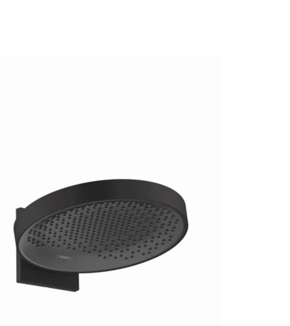 Schwarze Wandkopfbrause mit einem runden, flachen Kopfteil und gleichmäßiger Düsenanordnung. Design von Hansgrohe, geeignet für Wandmontage.